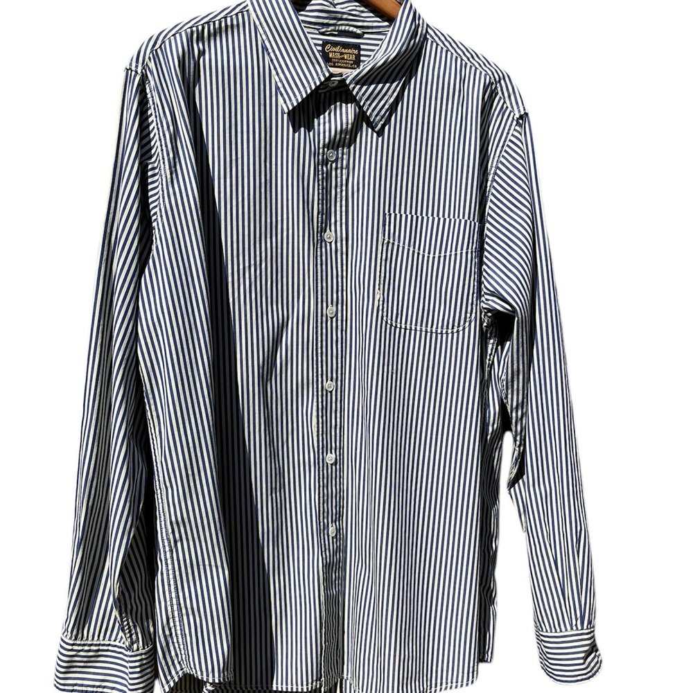 Civilianaire Wash And Wear Blue & Cream Striped Long Sleeve Button Down Shirt XL